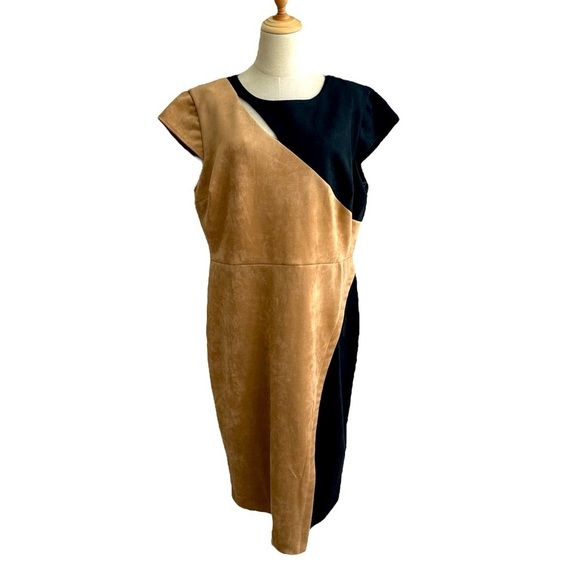 New York & Company Tan Black Color Block Faux Suede Pencil Dress Size XXL NWT - Picture 1 of 8